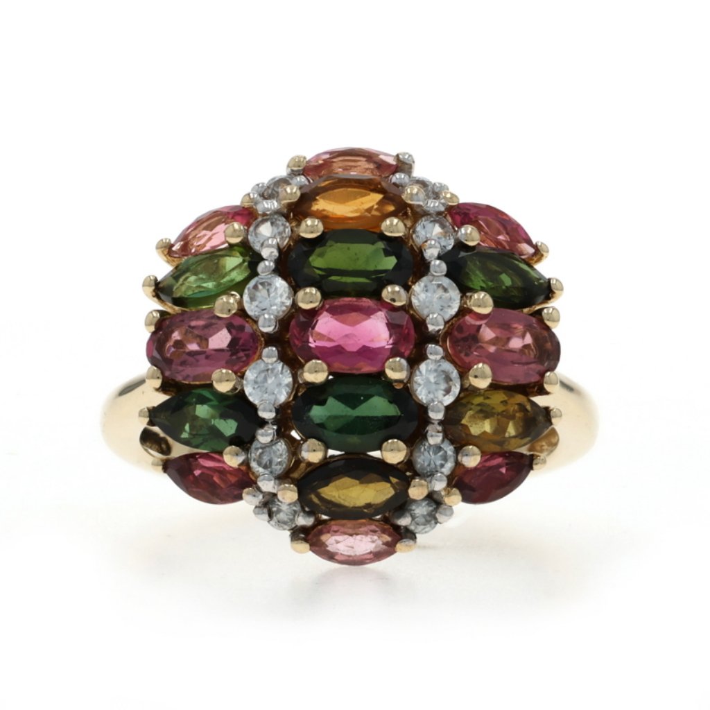 Yellow Gold Tourmaline White Topaz Cluster Cocktail Ring 10k Marq & Oval 3.13ctw